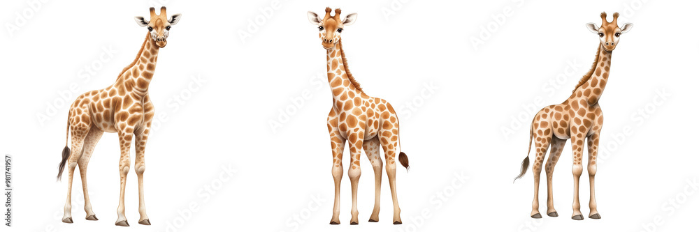 Obraz premium A charming illustration of a giraffe in three different poses, showcasing the grace and beauty of this majestic animal.