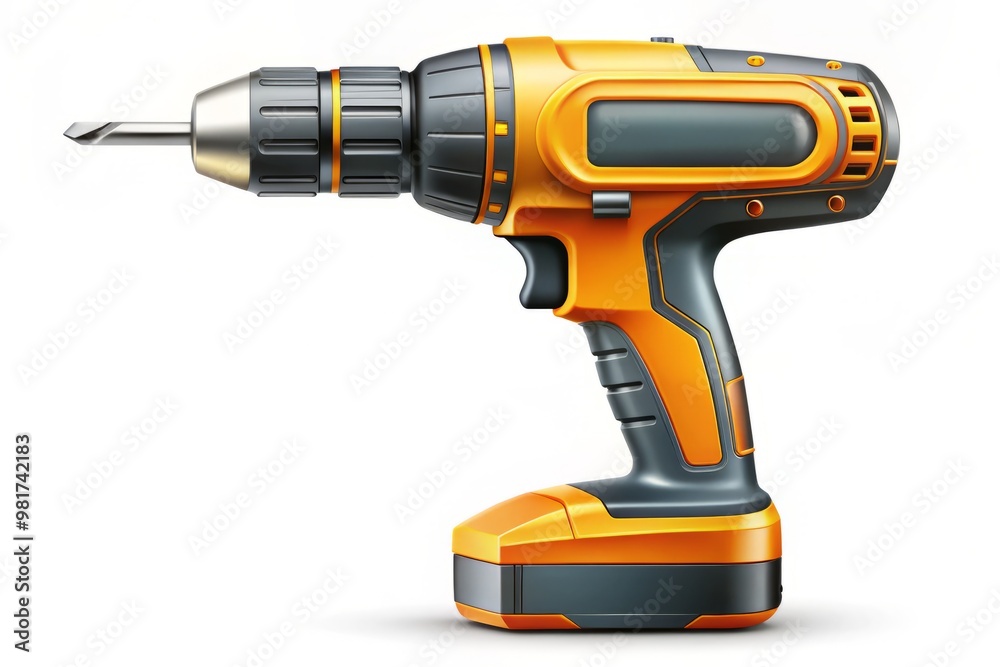 A detailed illustration of a cordless drill screwdriver on a plain white background, emphasizing the ergonomic grip and quick-change mechanism A detailed illustration of a cordless drill screwdriver on a plain white background, emphasizing the ergonomic grip and quick-change mechanism