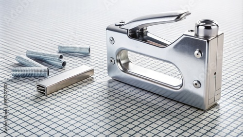 A staple gun placed on a minimalist white background with a subtle grid pattern, surrounded by a few scattered staples, showcasing its metallic body and functional design with precise lines