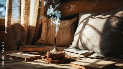 Vanilla Incense Burning in Sunlit Reading Nook photo