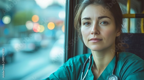 Female Doctor with Stethoscope on Public Transportation photo