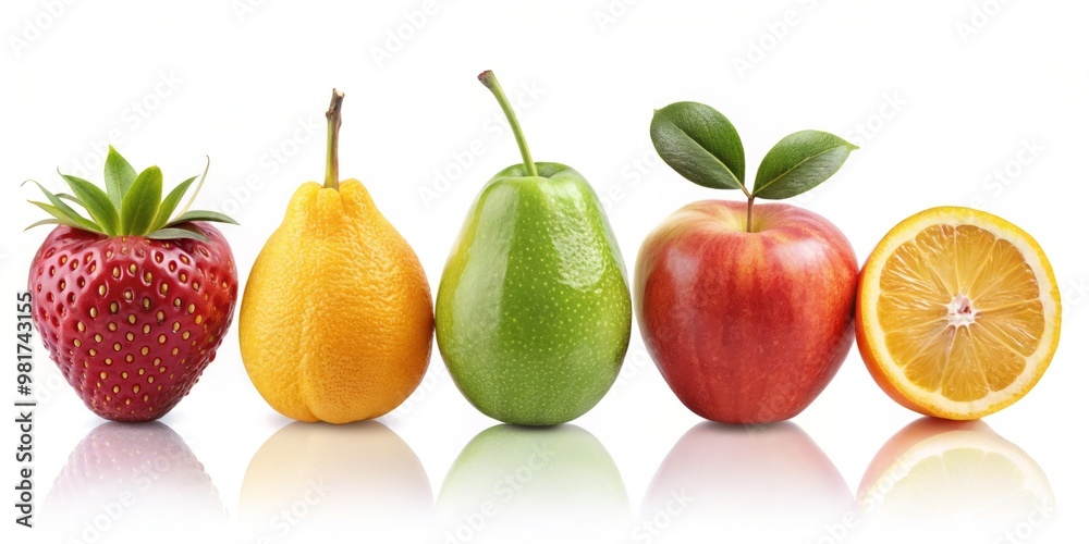 A minimalist illustration of six different fruits placed on a white background, each with its own unique shape, color, and texture A minimalist illustration of six different fruits placed on a white background, each with its own unique shape, color, and texture