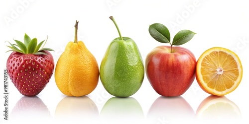 A minimalist illustration of six different fruits placed on a white background, each with its own unique shape, color, and texture photo