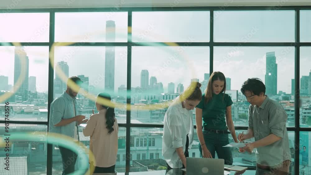 Group of diverse business people brainstorming about marketing plan. Professional multicultural business team working, talking, presenting about financial strategy at modern office. Tracery