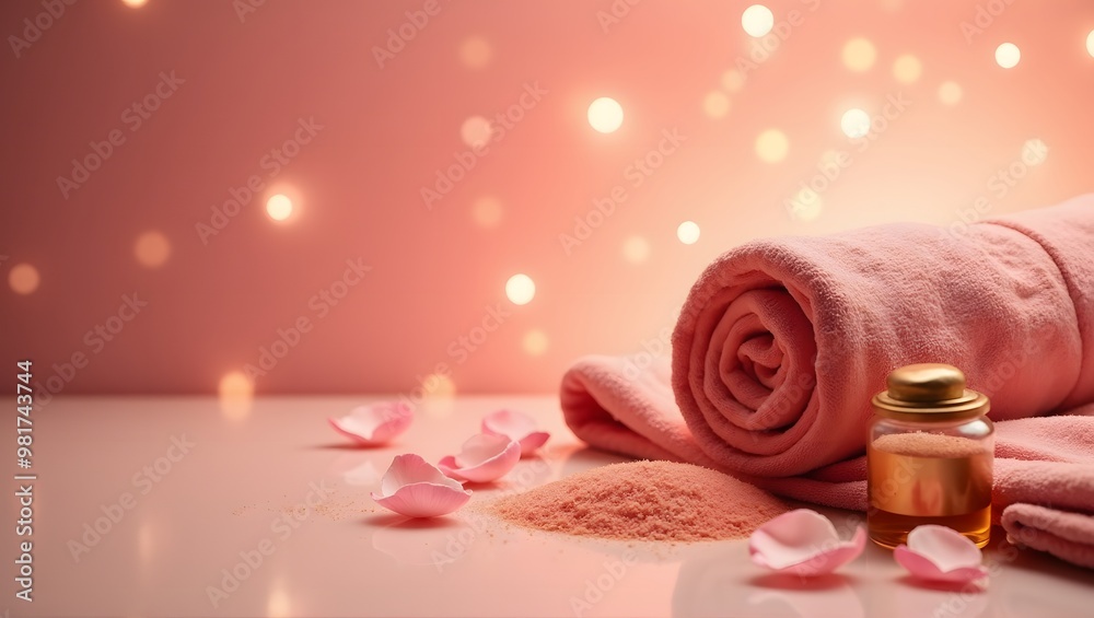 Rolled pink towel, bath salts, and rose petals arranged in a spa setting with a soft pink bokeh background Rolled pink towel, bath salts, and rose petals arranged in a spa setting with a soft pink bokeh background