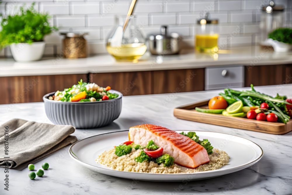 A modern and minimalist kitchen setting with a large white marble table in the center, where a plate of grilled salmon with a side of quinoa 