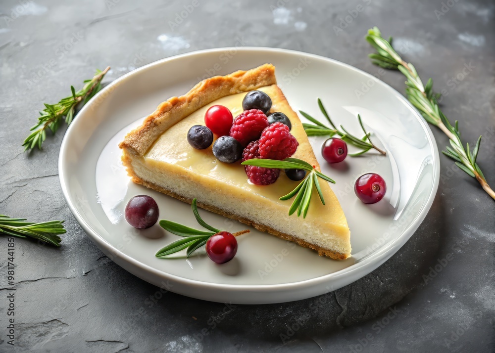 A single slice of artisanal cheese pie placed on a crisp white plate, garnished with a few fresh berries and a sprig of rosemary, set against a soft gray background.