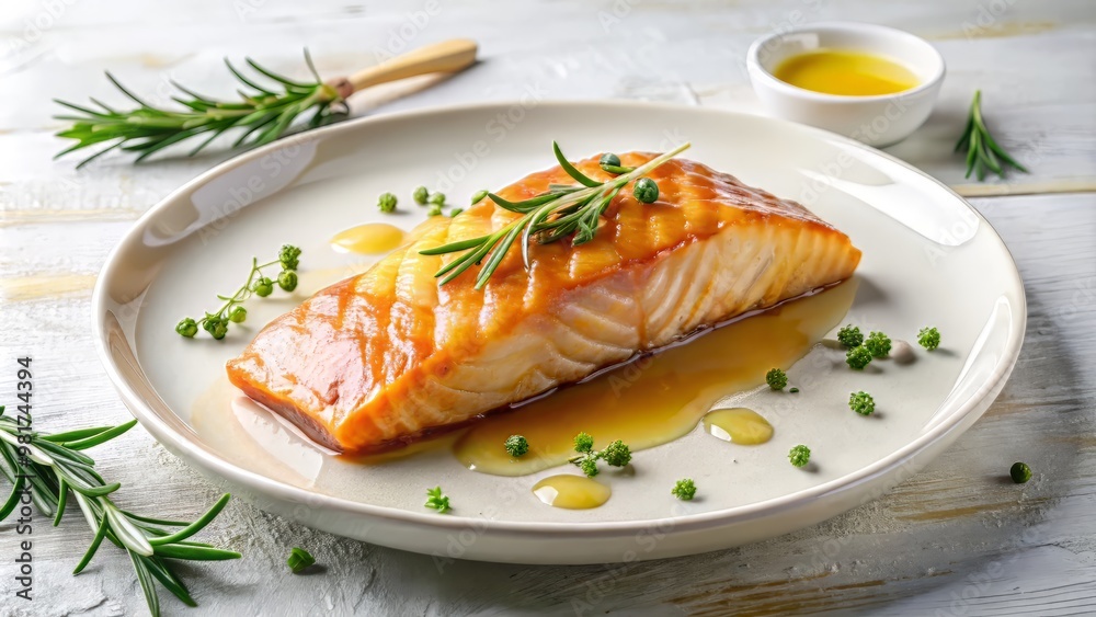 A minimalist white backdrop with a single plate of baked salmon with a honey-mustard glaze, surrounded by a few sprigs of rosemary and a drizzle of the glaze A minimalist white backdrop with a single plate of baked salmon with a honey-mustard glaze, surrounded by a few sprigs of rosemary and a drizzle of the glaze