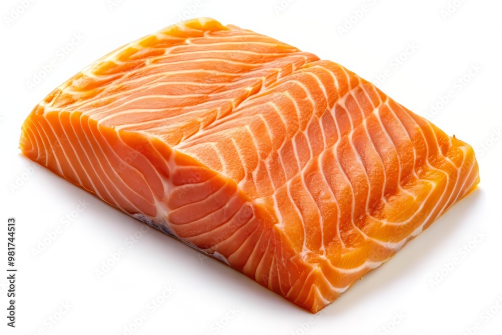 A detailed illustration of a sliced salmon fillet against a clean white background, showcasing its vibrant orange-pink color and intricate pattern of fat lines and flakes A detailed illustration of a sliced salmon fillet against a clean white background, showcasing its vibrant orange-pink color and intricate pattern of fat lines and flakes