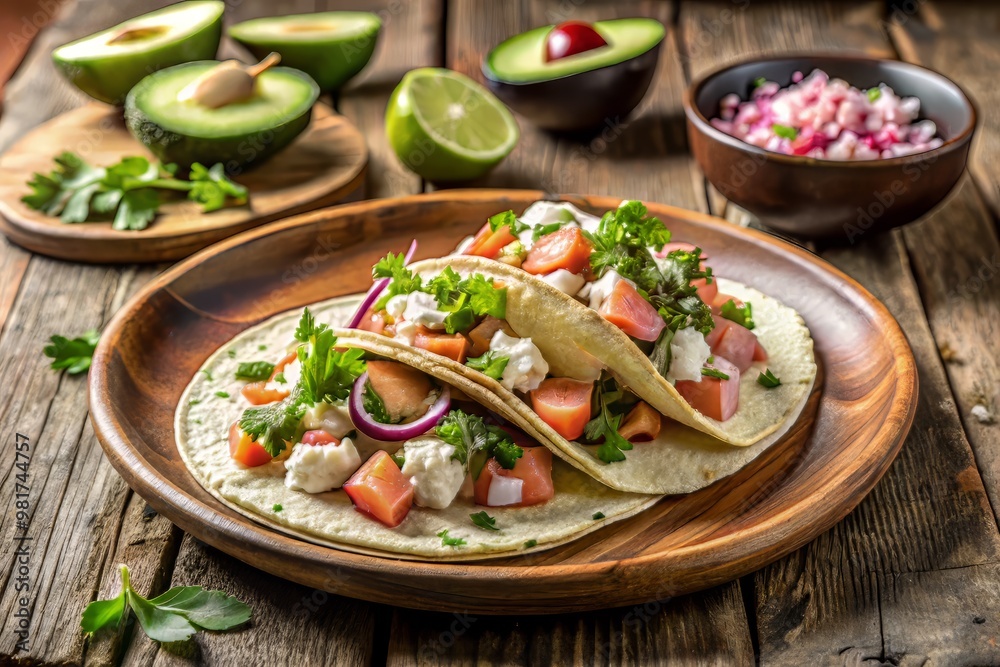 salmon tacos on a colorful, hand-painted ceramic platter, topped with diced avocado, pickled red onion, and cilantro, with a sprinkle of queso fresco, set against a distressed