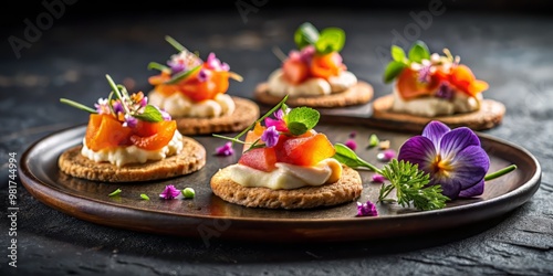 Wallpaper Mural High-contrast image of a fine china plate bearing a delicate arrangement of crispy crackers spread with a generous dollop of rich salmon mousse and garnished with edible flowers  Torontodigital.ca