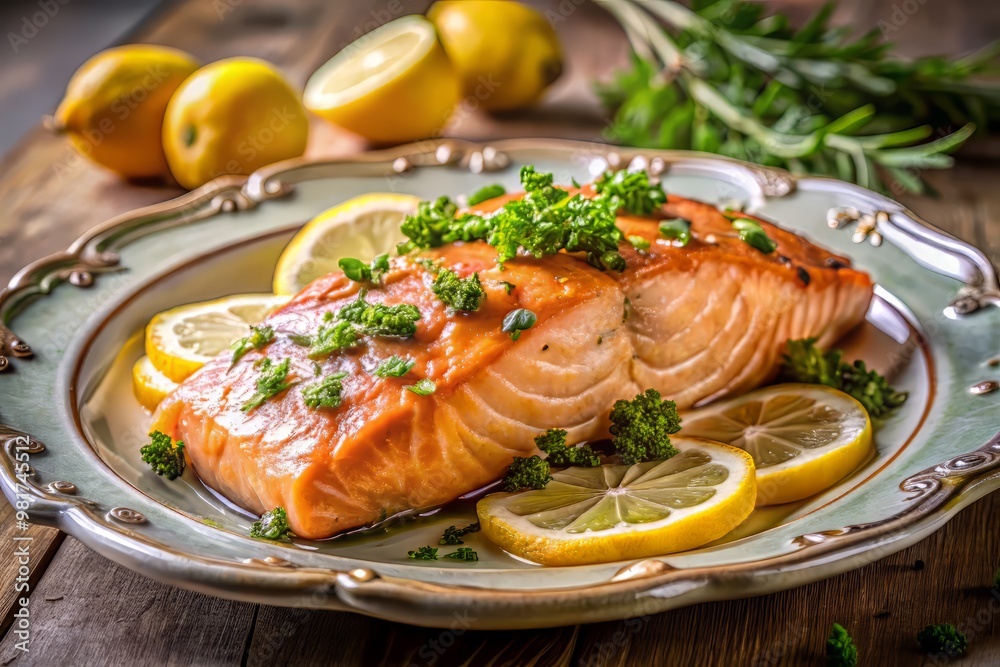 Gourmet salmon roast, perfectly glazed and garnished with a delicate arrangement of lemon slices and fresh herbs, sits atop a elegant fine china plate Gourmet salmon roast, perfectly glazed and garnished with a delicate arrangement of lemon slices and fresh herbs, sits atop a elegant fine china plate