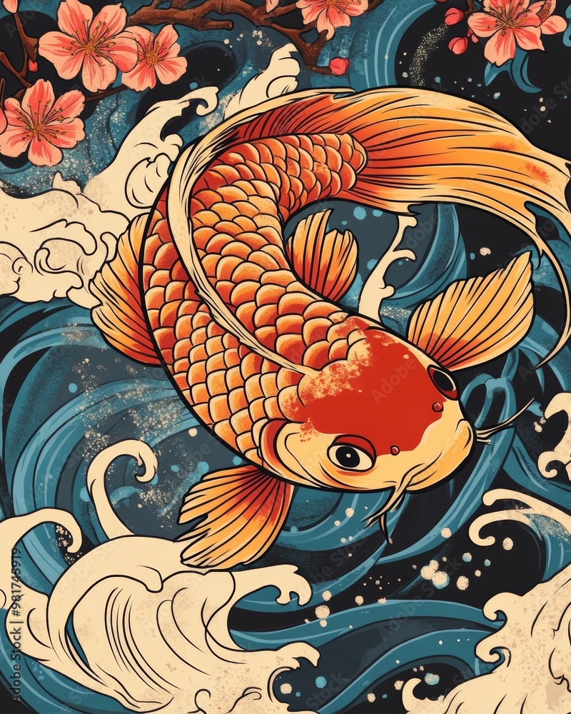 Vibrant Koi Fish Swimming in Stylized Oriental Pond Scene