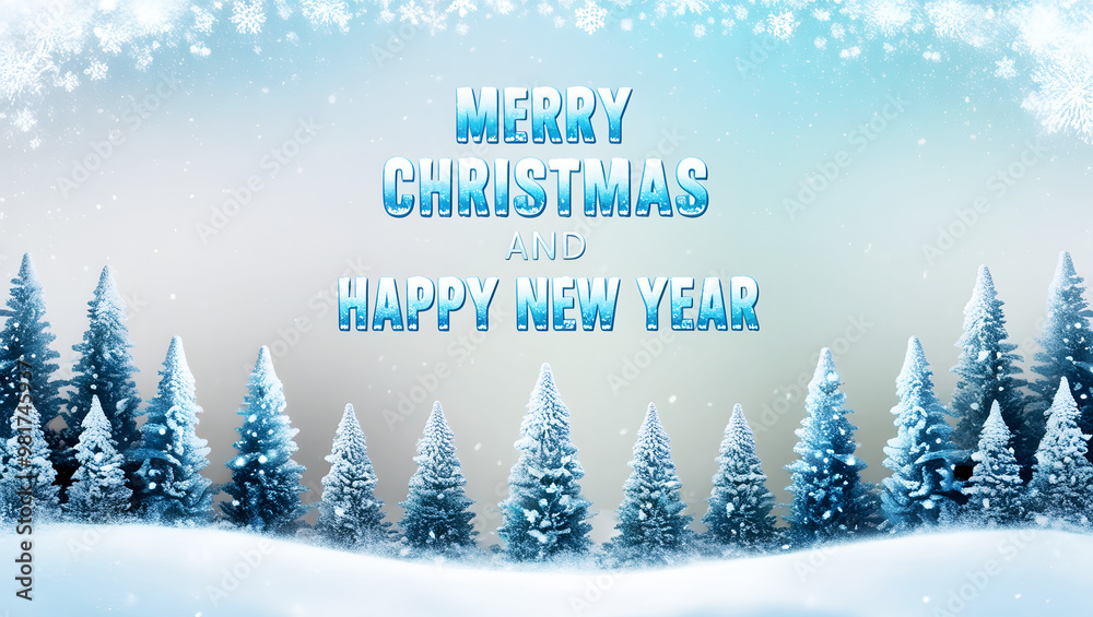 Merry Christmas and Happy New Year greeting card with snow-covered pine trees and winter scenery Merry Christmas and Happy New Year greeting card with snow-covered pine trees and winter scenery