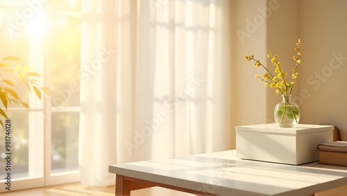 A serene indoor scene in a white pot on a bright, sunlit table
