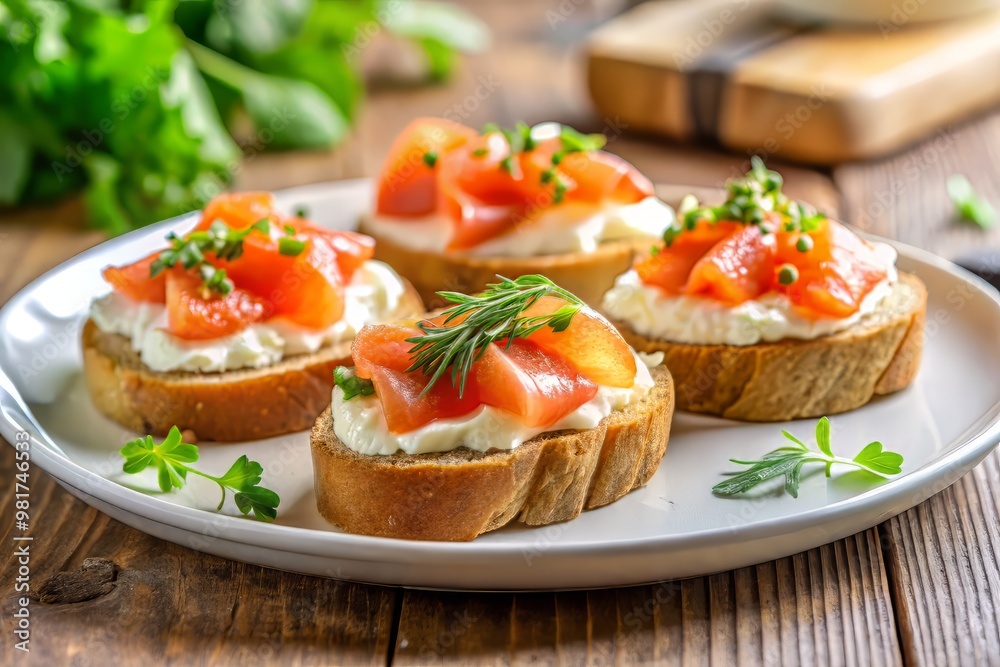 Delicate, crispy crostini slices topped with a generous helping of velvety cream cheese, studded with juicy salmon pieces and an assortment of fresh herbs Delicate, crispy crostini slices topped with a generous helping of velvety cream cheese, studded with juicy salmon pieces and an assortment of fresh herbs