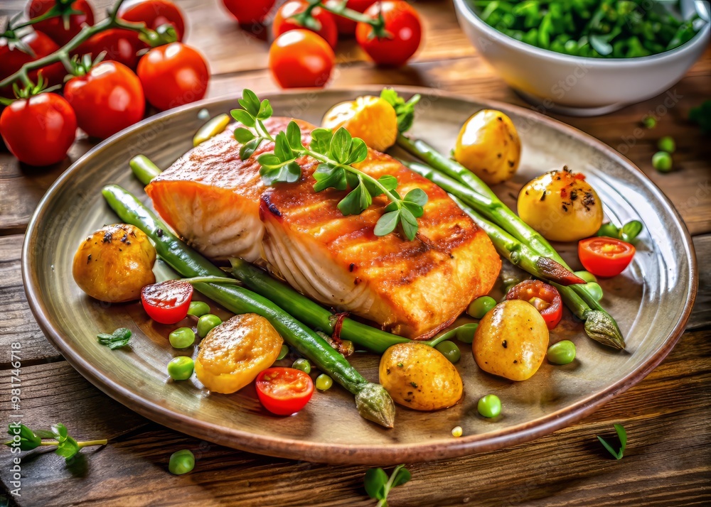 Seared salmon fillet resting on a bed of steamed asparagus and cherry tomatoes, accompanied by a side of crispy roasted potatoes and a sprinkle of microgreens for added freshness and color. Seared salmon fillet resting on a bed of steamed asparagus and cherry tomatoes, accompanied by a side of crispy roasted potatoes and a sprinkle of microgreens for added freshness and color.