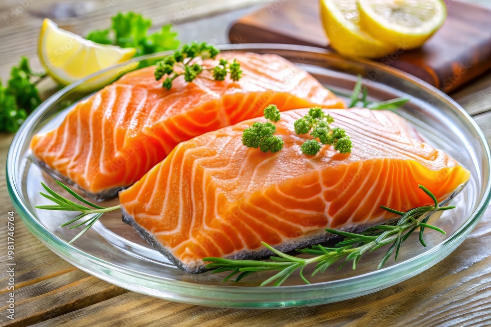 Fresh salmon fillets with a slight sheen, arranged on a delicate glass plate Fresh salmon fillets with a slight sheen, arranged on a delicate glass plate