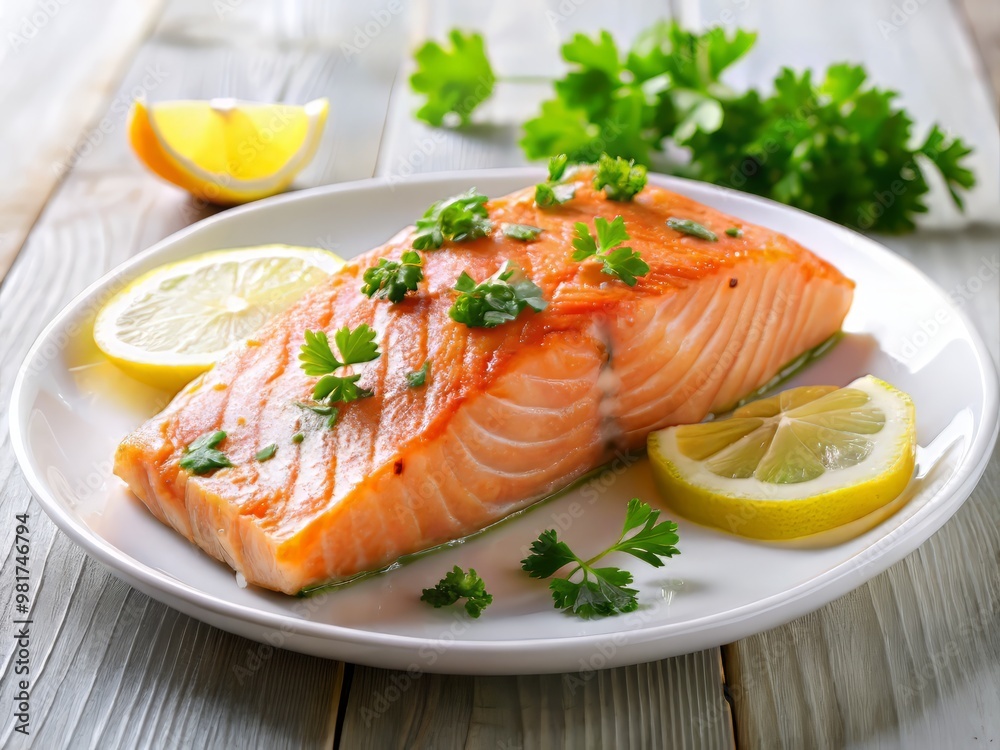Freshly cooked salmon fillet on a white plate, garnished with lemon wedges and parsley, with a slight blur effect on the background to highlight the dish Freshly cooked salmon fillet on a white plate, garnished with lemon wedges and parsley, with a slight blur effect on the background to highlight the dish
