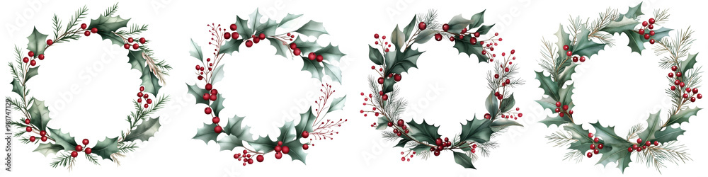 Four festive wreaths adorned with holly and berries, perfect for holiday celebrations and seasonal decorations. Four festive wreaths adorned with holly and berries, perfect for holiday celebrations and seasonal decorations.