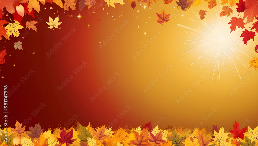 Autumn background with falling leaves and a golden sunburst with free copy space Autumn background with falling leaves and a golden sunburst with free copy space