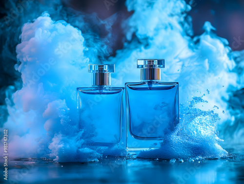 Elegant blue perfume bottles surrounded by swirling mist, highlighting luxury and freshness in a captivating ambiance.