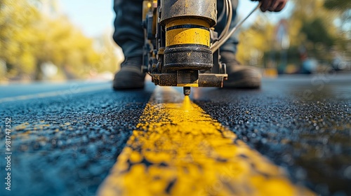 Close-up of a Worker Painting a Yellow Line on Asphalt