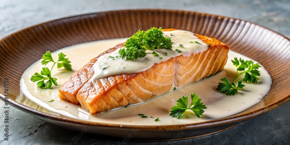 Pan-seared salmon fillet with a crispy brown exterior and a tender pink interior, garnished with a sprinkle of parsley and a dollop of creamy sauce on a refined porcelain plate. Pan-seared salmon fillet with a crispy brown exterior and a tender pink interior, garnished with a sprinkle of parsley and a dollop of creamy sauce on a refined porcelain plate.