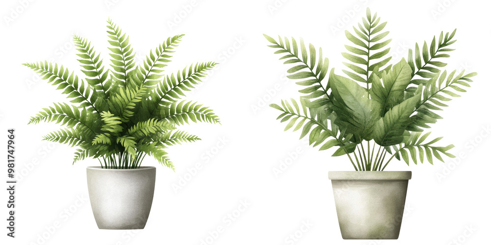 Two lush green potted plants with delicate leaves, perfect for adding a touch of nature to any indoor space or decor. Two lush green potted plants with delicate leaves, perfect for adding a touch of nature to any indoor space or decor.