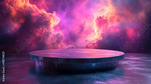 A futuristic stage set against a vibrant cosmic background featuring colorful nebulae and ethereal lighting effects.