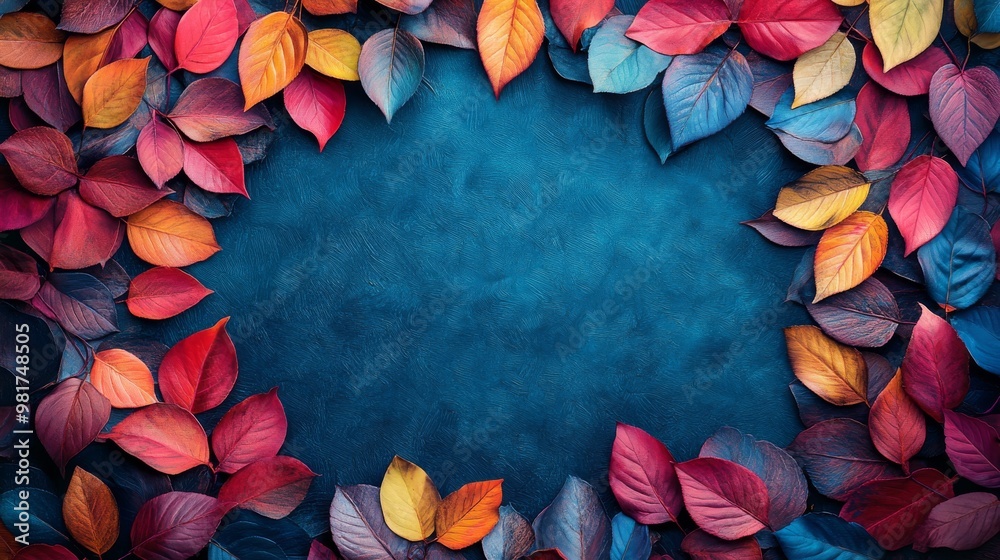 Vivid Autumn Leaves Arranged in a Circular Frame on a Blue Background Vivid Autumn Leaves Arranged in a Circular Frame on a Blue Background