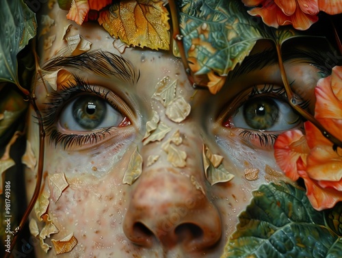 Close Up Portrait of a Woman's Face with Leaves and Flowers photo