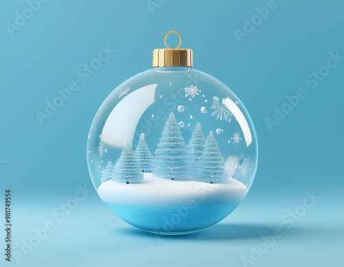 A glass ornament containing a wintery scene with snow covered trees photo