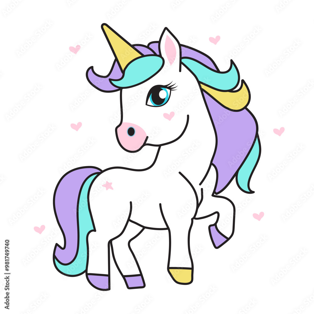 Fototapeta premium Cute unicorn on white background with hearts.; Greeting card
