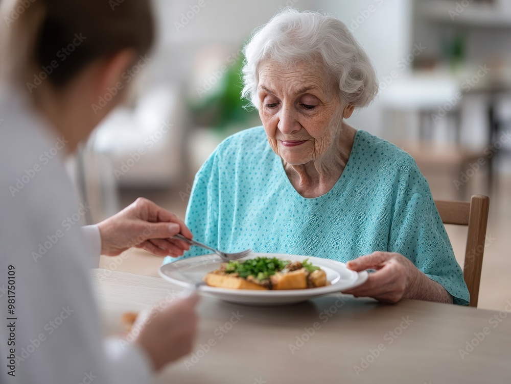 A caregiver serves a nutritious meal to an elderly woman, promoting health and comfort in a caring environment. A caregiver serves a nutritious meal to an elderly woman, promoting health and comfort in a caring environment.