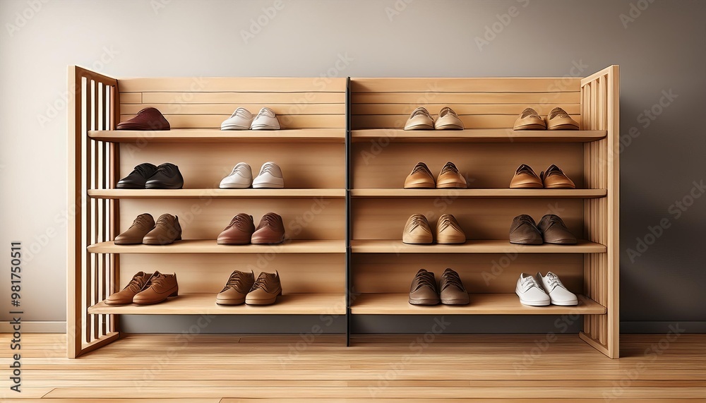 A wooden shoe rack filled with pairs of shoes A wooden shoe rack filled with pairs of shoes