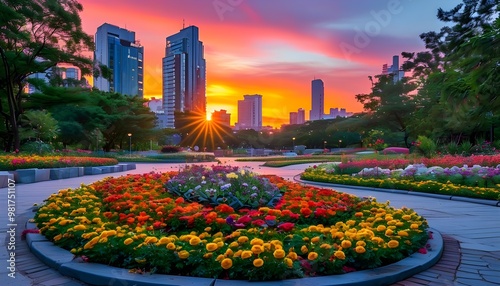 Stunning urban park adorned with vibrant flower beds and contemporary architecture illuminated by a breathtaking sunset photo