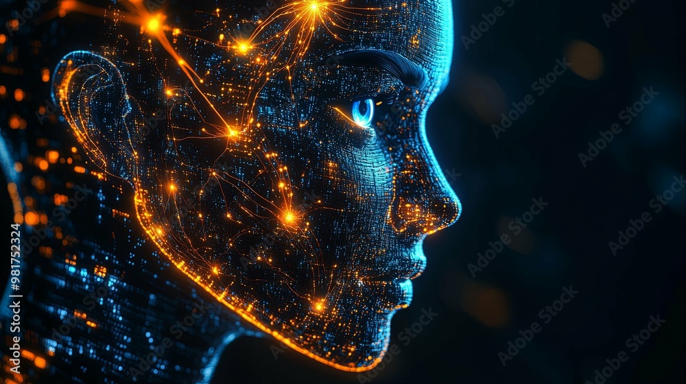 A Digital Representation of a Human Face with Glowing Lines and Dots A Digital Representation of a Human Face with Glowing Lines and Dots