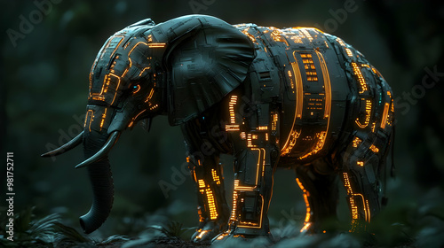 A futuristic elephant adorned with glowing circuitry, blending nature and technology in a vibrant, imaginative setting.