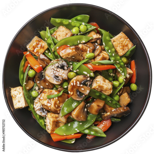 A bowl of stir-fried tofu, mushrooms, and vegetables. The dish is garnished with sesame seeds. photo