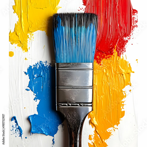 A vibrant paintbrush with blue bristles rests on a vivid palette of red, yellow, and white paint, symbolizing creativity. photo