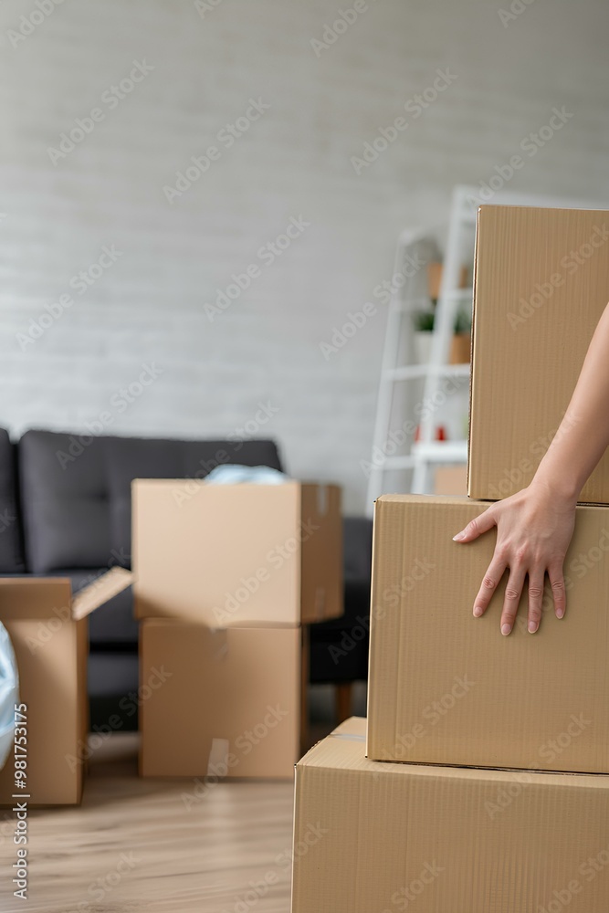 Stacking of cardboard boxes in the living while moving house. House moving service. New home owner.|引っ越し中にリビングに段ボール箱を積み上げる。引っ越しサービス。新居のオーナー Stacking of cardboard boxes in the living while moving house. House moving service. New home owner.|引っ越し中にリビングに段ボール箱を積み上げる。引っ越しサービス。新居のオーナー