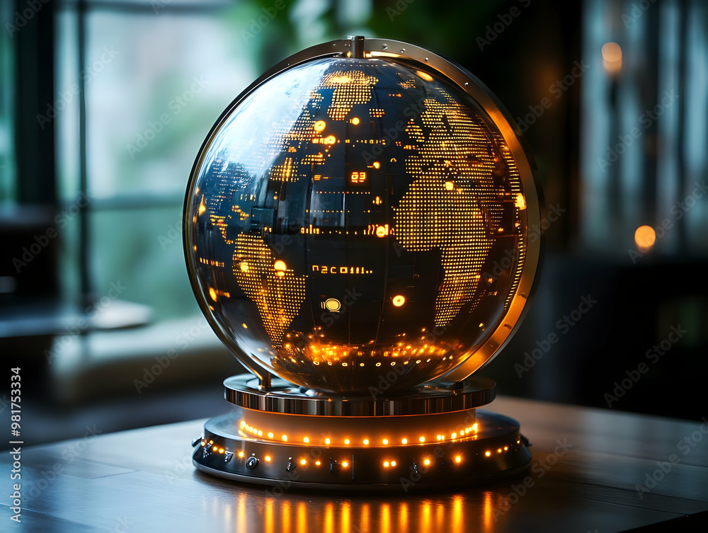A modern illuminated globe showcasing world geography with vibrant lights, perfect for decor or educational purposes. A modern illuminated globe showcasing world geography with vibrant lights, perfect for decor or educational purposes.