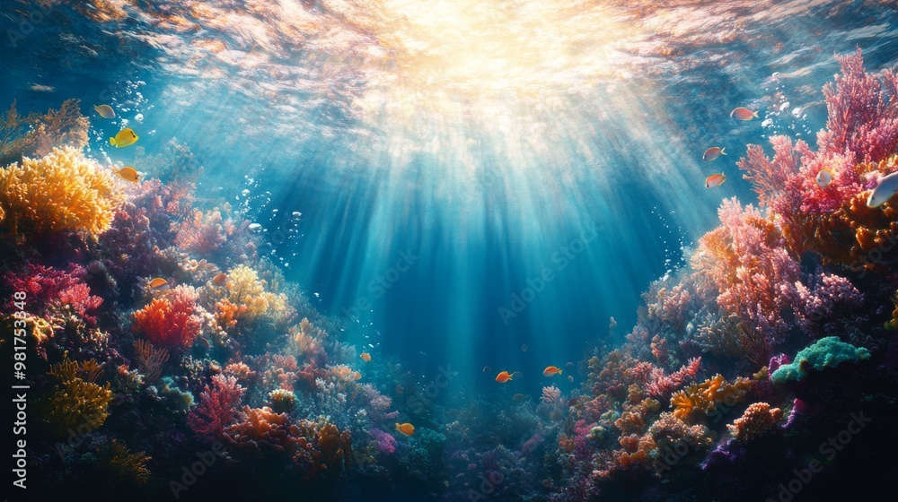 Fototapeta premium Underwater Coral Reef with Sunbeams and Fish