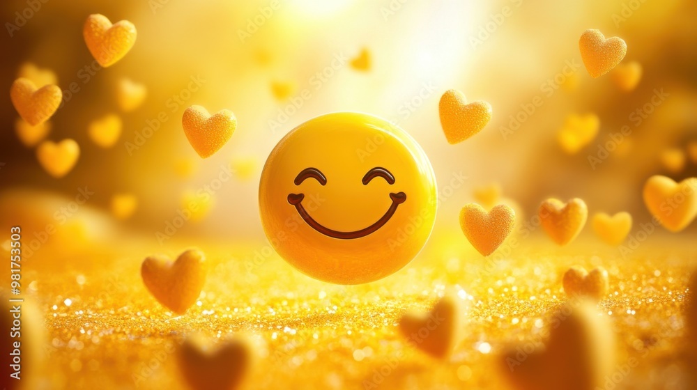 Fototapeta premium A bright yellow backdrop with a central smiley face surrounded by floating hearts and stars conveying a joyful and loving atmosphere