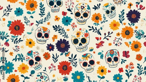 A cute and festive pattern of tiny sugar skulls and chrysanthemums in various colors arranged with traditional Mexican details on a bright background