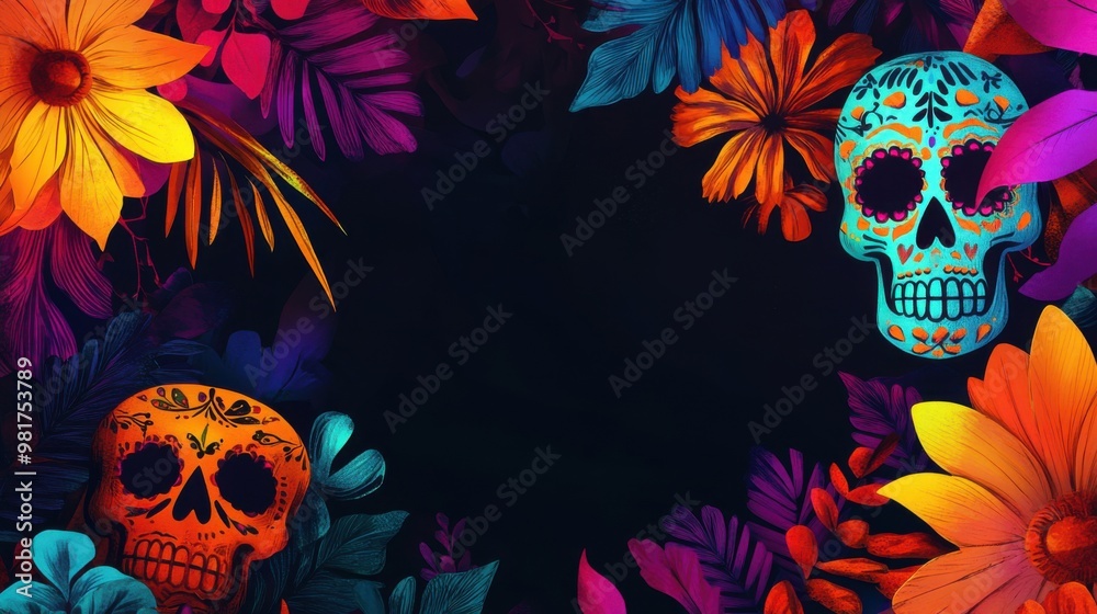 A festive background with bold Mexican colors sugar skulls and floral elements with space for promoting parties or products A festive background with bold Mexican colors sugar skulls and floral elements with space for promoting parties or products