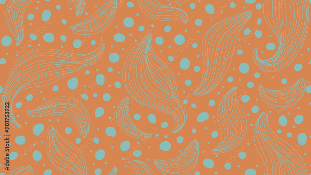 Naklejka premium Abstract seamless pattern, blue line art and polka dots on orange background