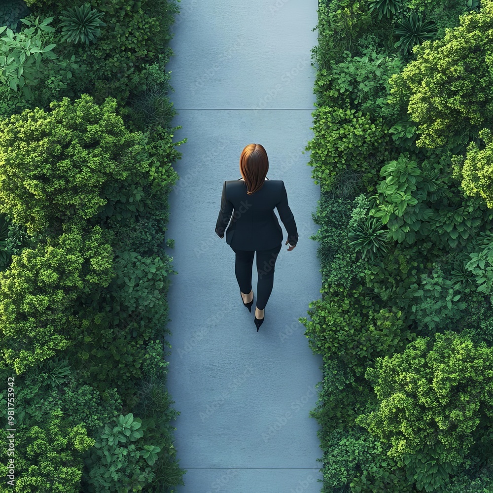 High-angle view of a woman in a business suit walking away from an office building High-angle view of a woman in a business suit walking away from an office building