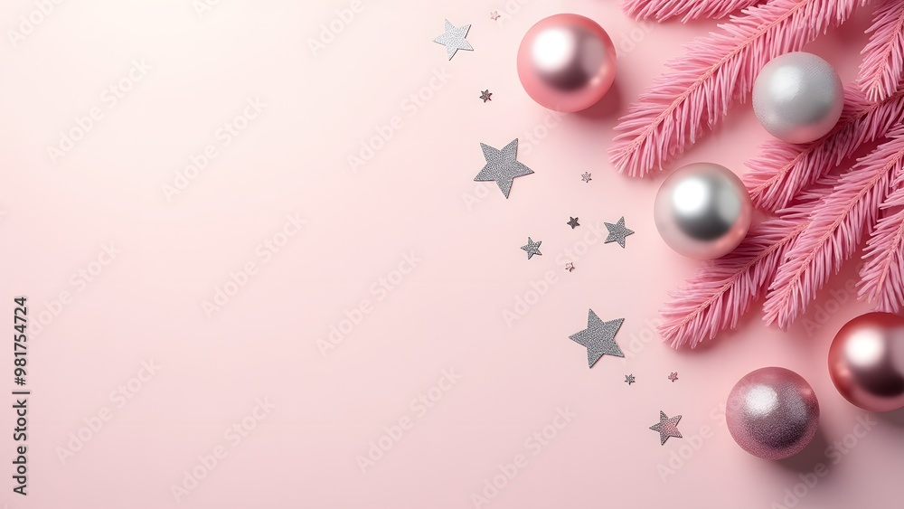 Fototapeta premium Silver and pink baubles with stars on pink pine branches against a pastel pink background